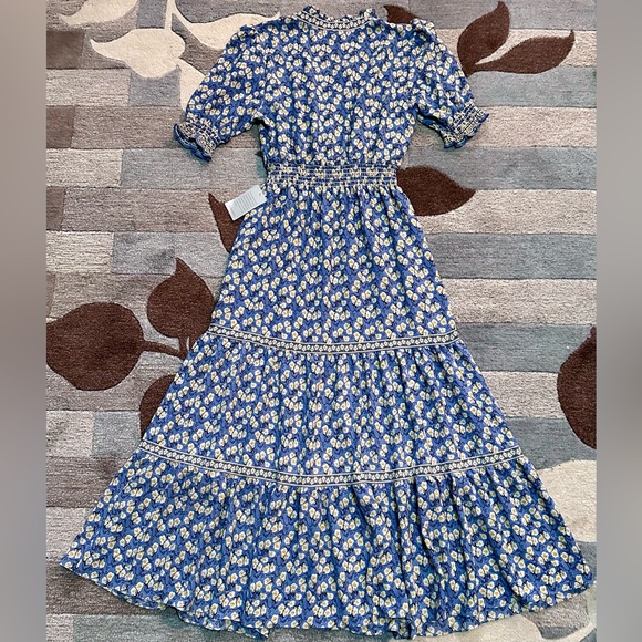 NWT Max Studio Ruffle Collar Print Tiered French Blue/Marigold Floral Maxi Dress - Picture 7 of 9